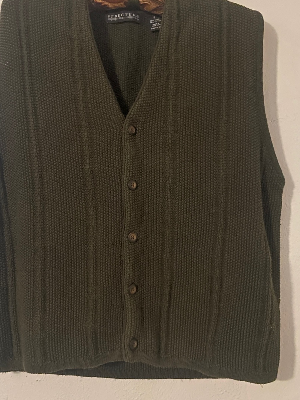 Vintage Structure Ramie Cotton Sweater Vest Olive Green Button Front Men’s S